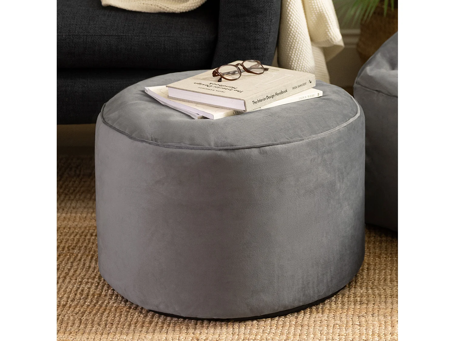 Pouf repose-pieds rond velours gris anthracite - MILANO