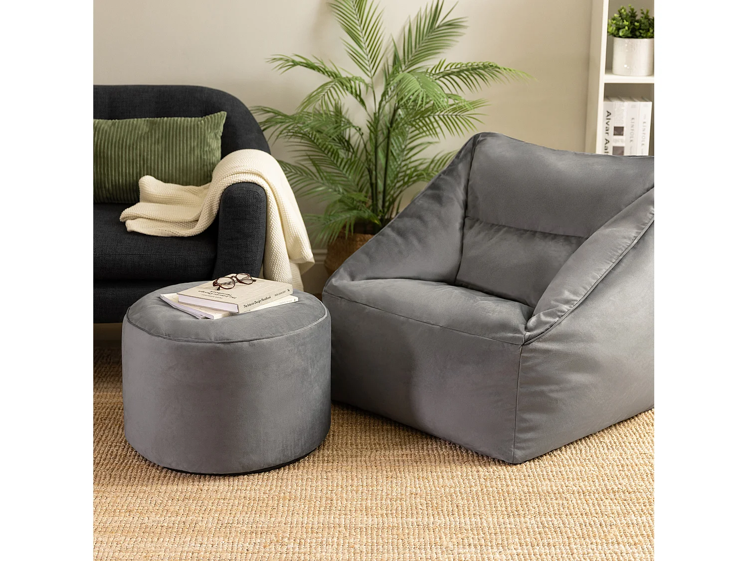 Pouf repose-pieds rond velours gris anthracite - MILANO