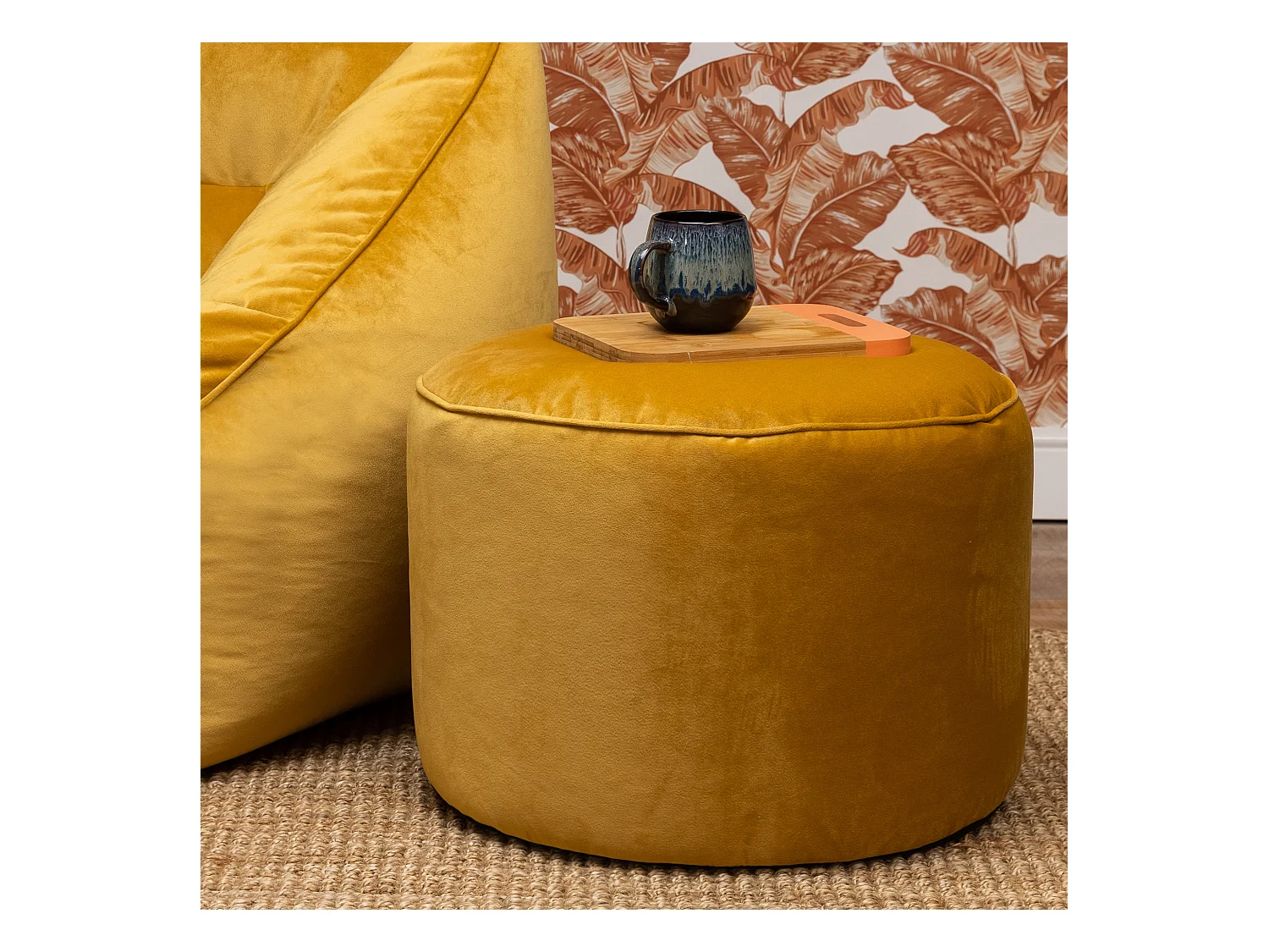 Pouf repose-pieds rond velours jaune ocre - MILANO