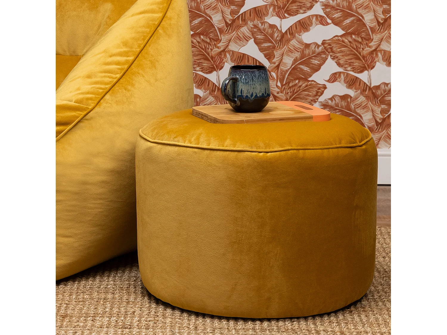 Pouf repose-pieds rond velours jaune ocre - MILANO