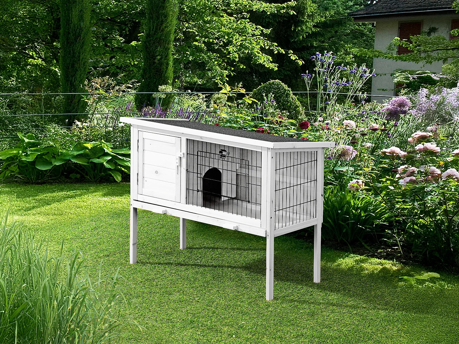 Clapier en bois sur pieds pour lapins et rongeurs - L. 91 x P. 45 x H. 70 cm - Blanc - LAPIUS