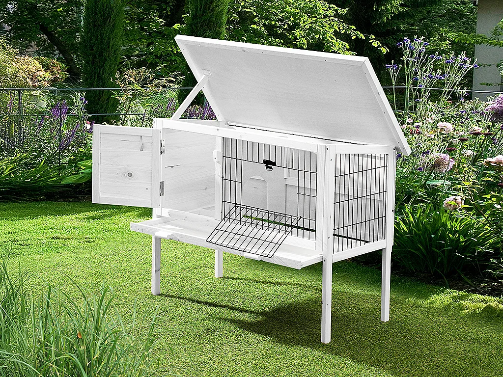 Clapier en bois sur pieds pour lapins et rongeurs - L. 91 x P. 45 x H. 70 cm - Blanc - LAPIUS