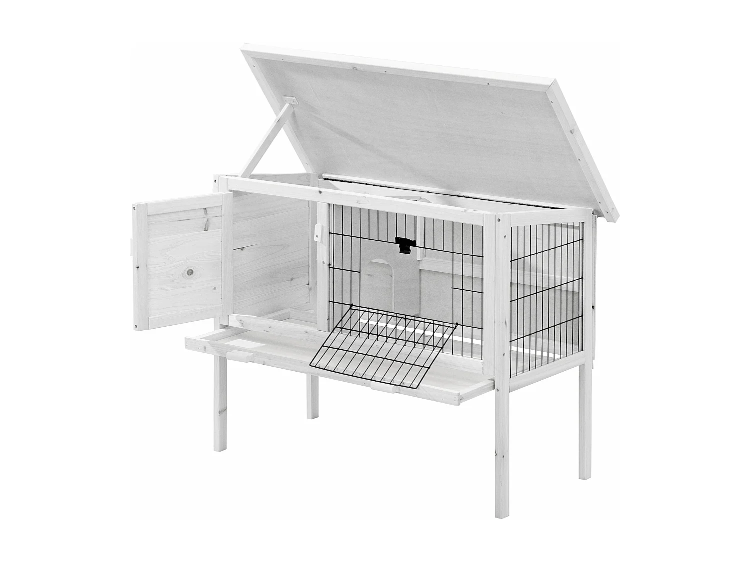 Clapier en bois sur pieds pour lapins et rongeurs - L. 91 x P. 45 x H. 70 cm - Blanc - LAPIUS