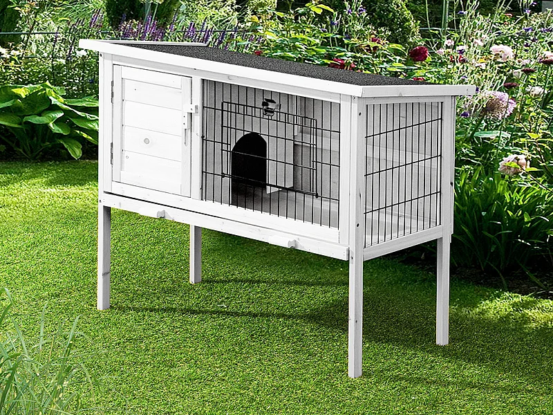 Kaninchen- und Nagerstall aus Holz auf Füßen - 91 x 45 x 70 cm - Weiß - LAPIUS