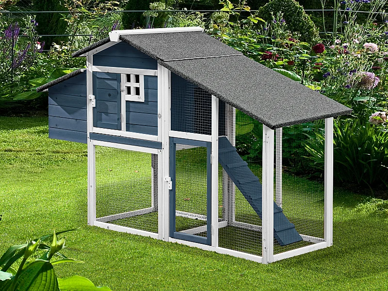 Poulailler en bois avec enclos - 4 poules - L. 173 x P.  64 x H. 108 cm - Bleu et Blanc - LEVAS