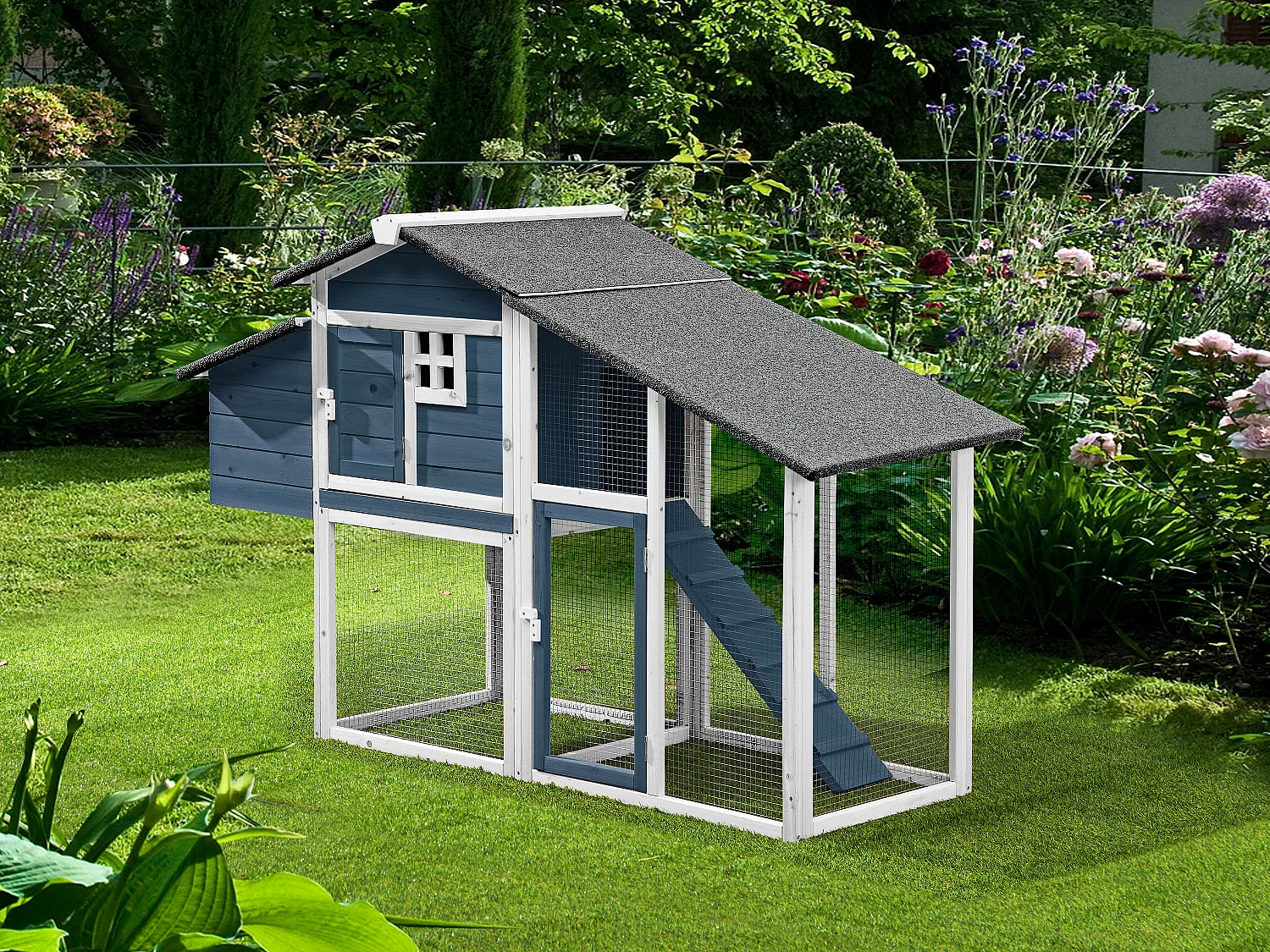 Poulailler en bois avec enclos - 4 poules - L. 173 x P.  64 x H. 108 cm - Bleu et Blanc - LEVAS