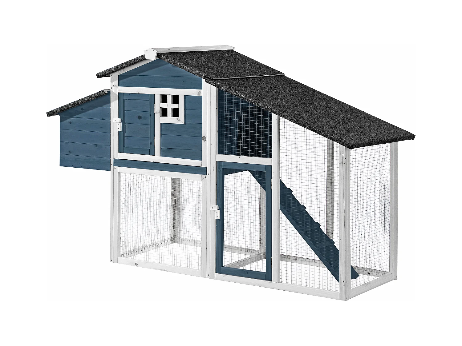 Hønsehus i træ med hønsegård - 4 høns - L. 173 x B. 64 x H. 108 cm - Blå og Hvid - LEVAS