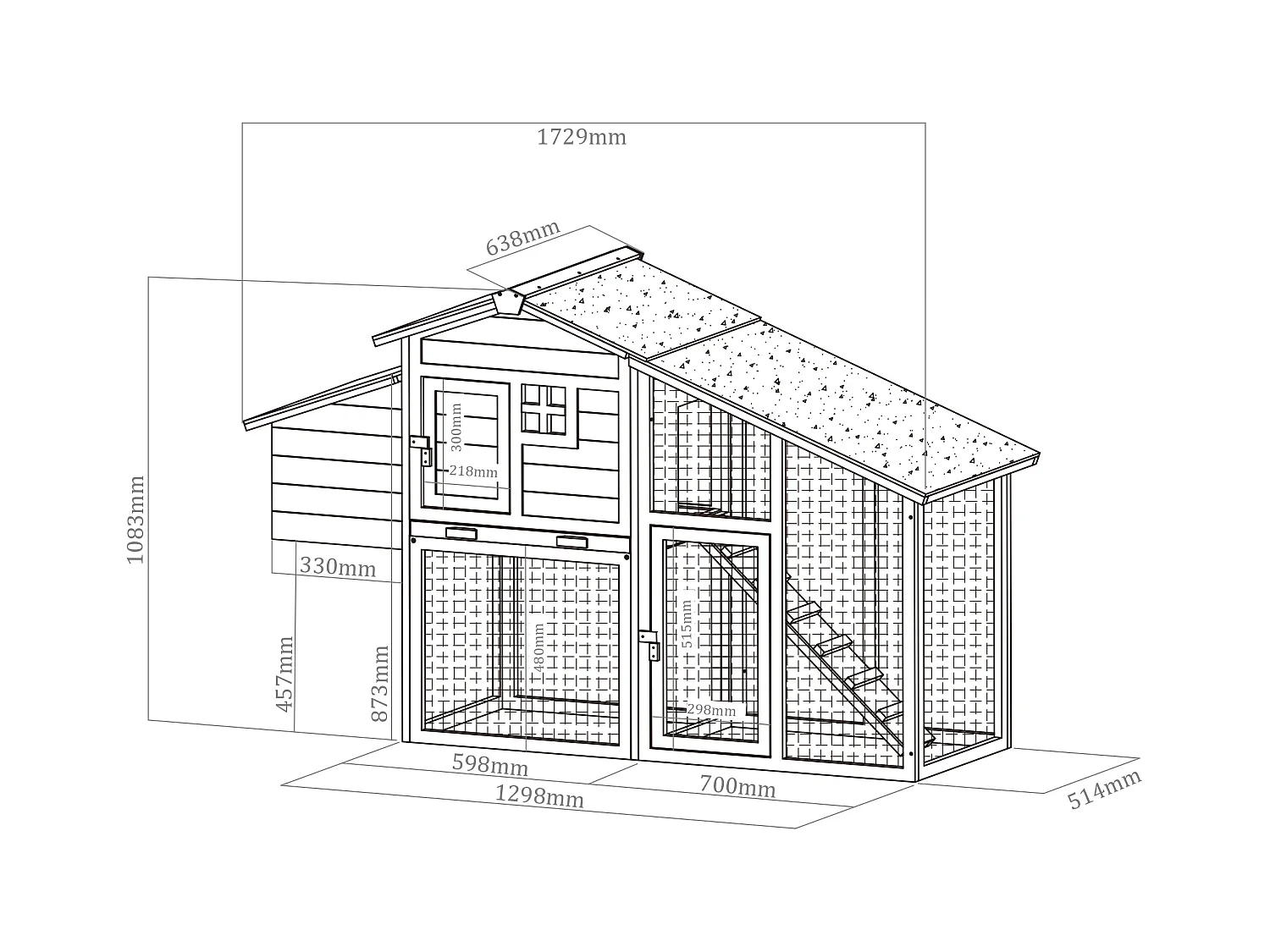 Hønsehus i træ med hønsegård - 4 høns - L. 173 x B. 64 x H. 108 cm - Blå og Hvid - LEVAS