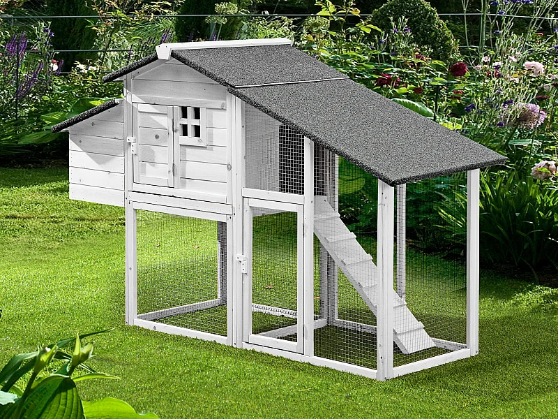 Pollaio in legno con recinto 4 galline L. 173 x P. 64 x H. 108 cm Bianco - LEVAS