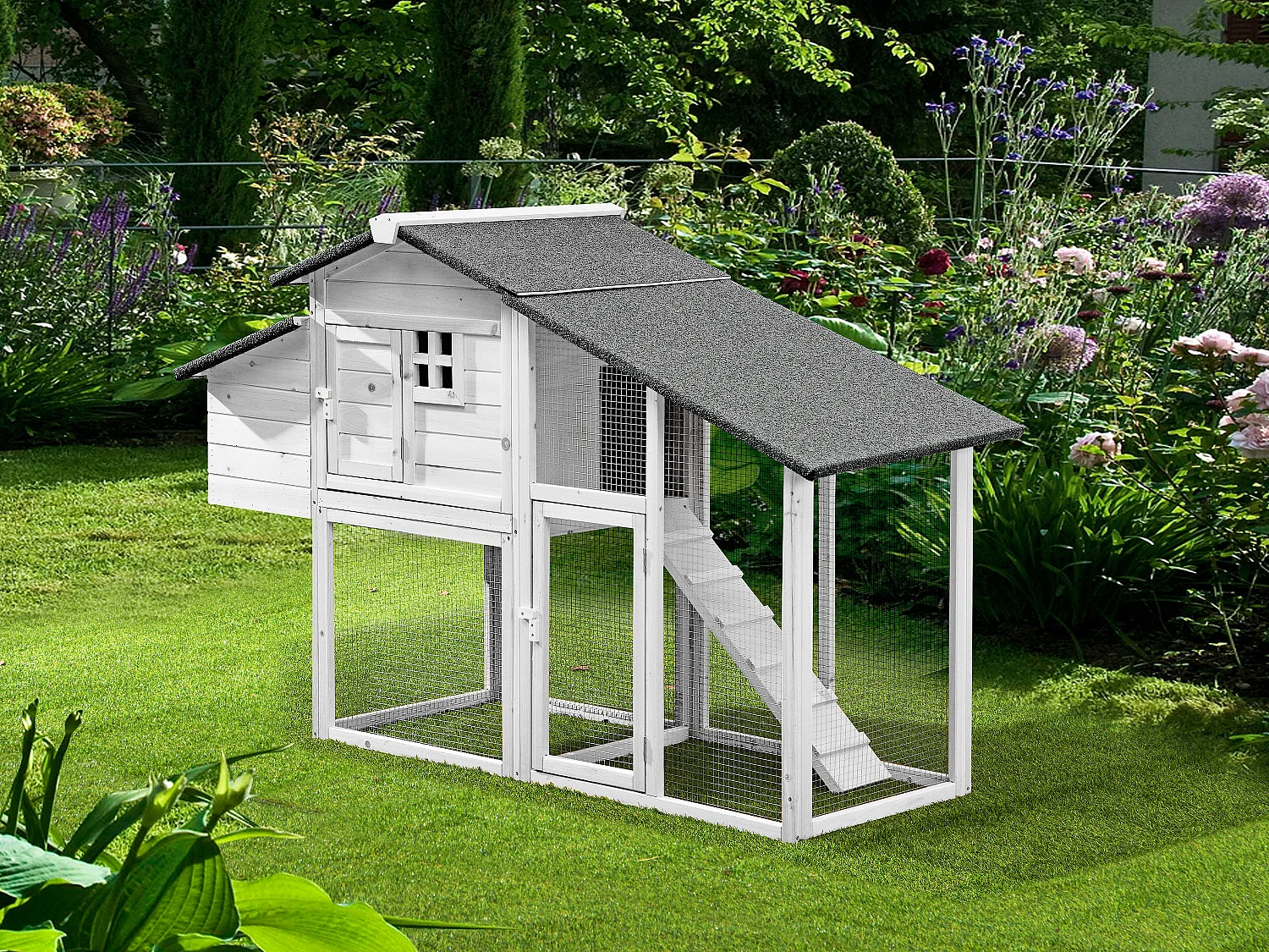 Poulailler en bois avec enclos - 4 poules - L. 173 x P.  64 x H. 108 cm - Blanc - LEVAS
