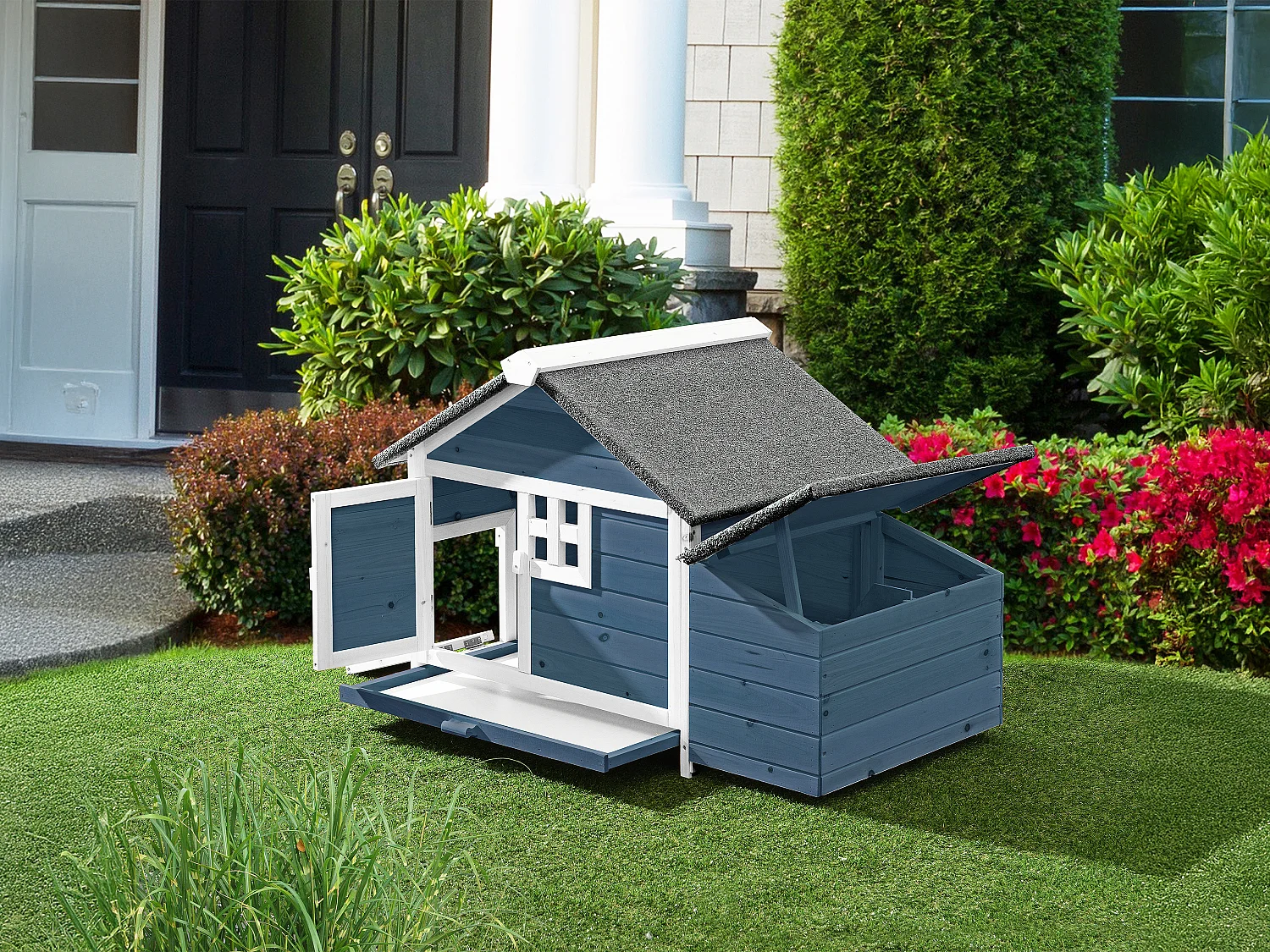 Gallinero de madera con ponedero - 2 gallinas - L. 106 x Prof. 64 x Alt. .71 cm - Azul y blanco - ANSER