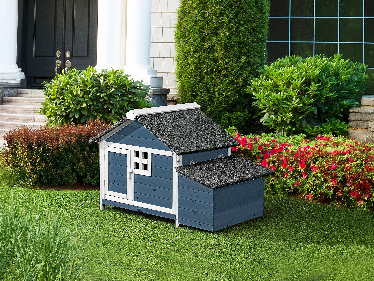 Poulailler en bois avec pondoir - 2 poules - L. 106 x P. 64 x H.71 cm - Bleu et Blanc - ANSER