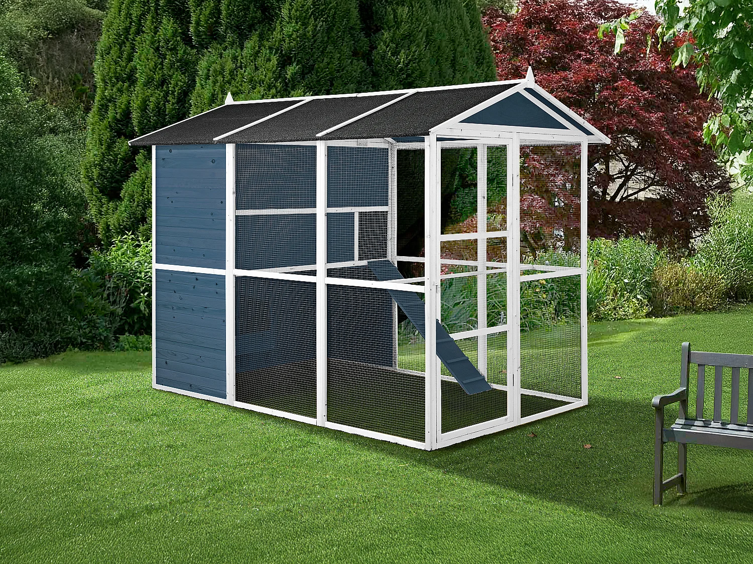 Poulailler en bois avec enclos - 10 poules - L. 266 x P. 174 x H. 205 cm - Bleu et Blanc - FERAS