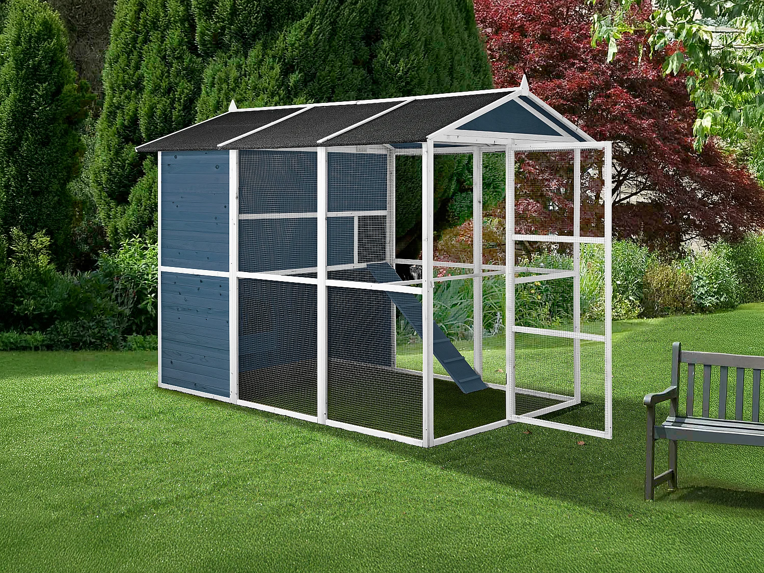 Poulailler en bois avec enclos - 10 poules - L. 266 x P. 174 x H. 205 cm - Bleu et Blanc - FERAS