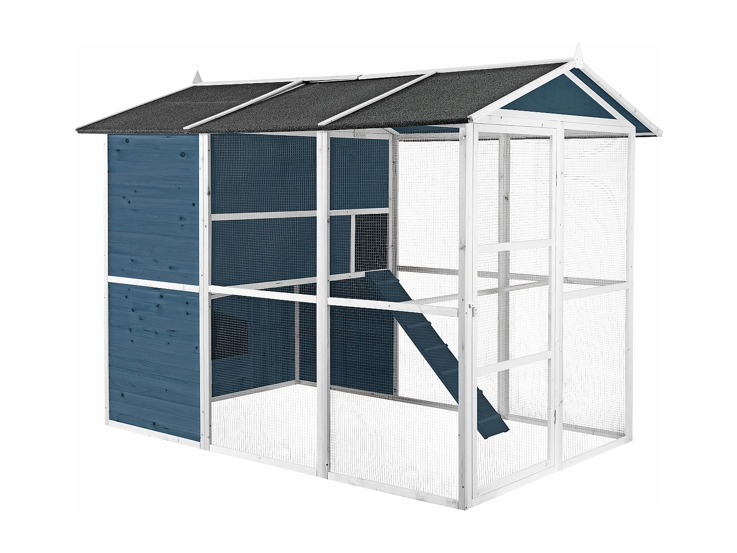 Poulailler en bois avec enclos - 10 poules - L. 266 x P. 174 x H. 205 cm - Bleu et Blanc - FERAS