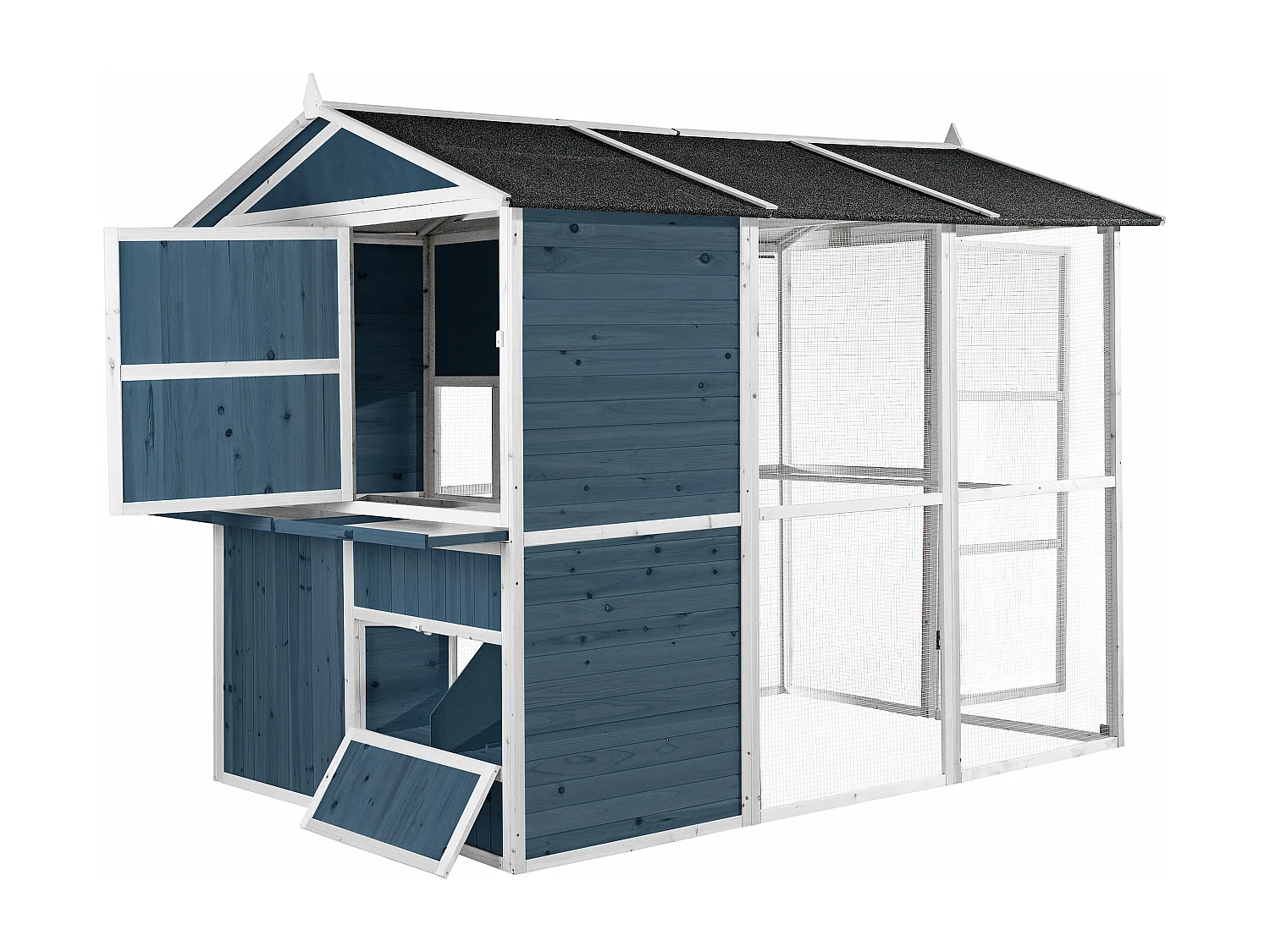 Poulailler en bois avec enclos - 10 poules - L. 266 x P. 174 x H. 205 cm - Bleu et Blanc - FERAS