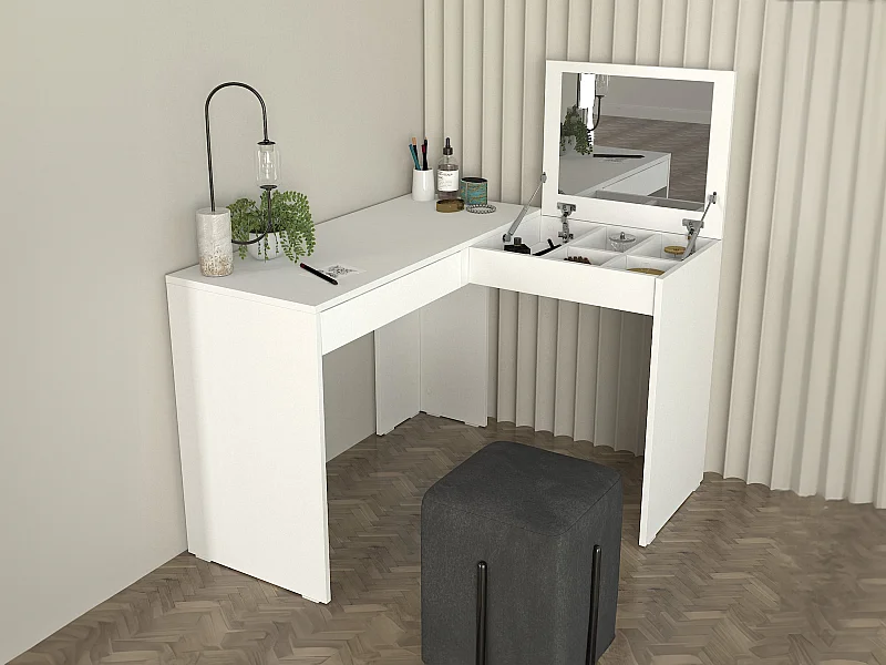 Coiffeuse d'angle avec miroir et rangements - Blanc - GIWEN