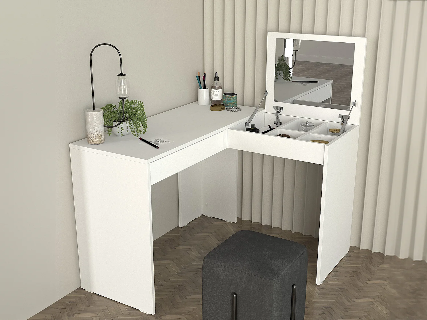 Coiffeuse d'angle avec miroir et rangements - Blanc - GIWEN