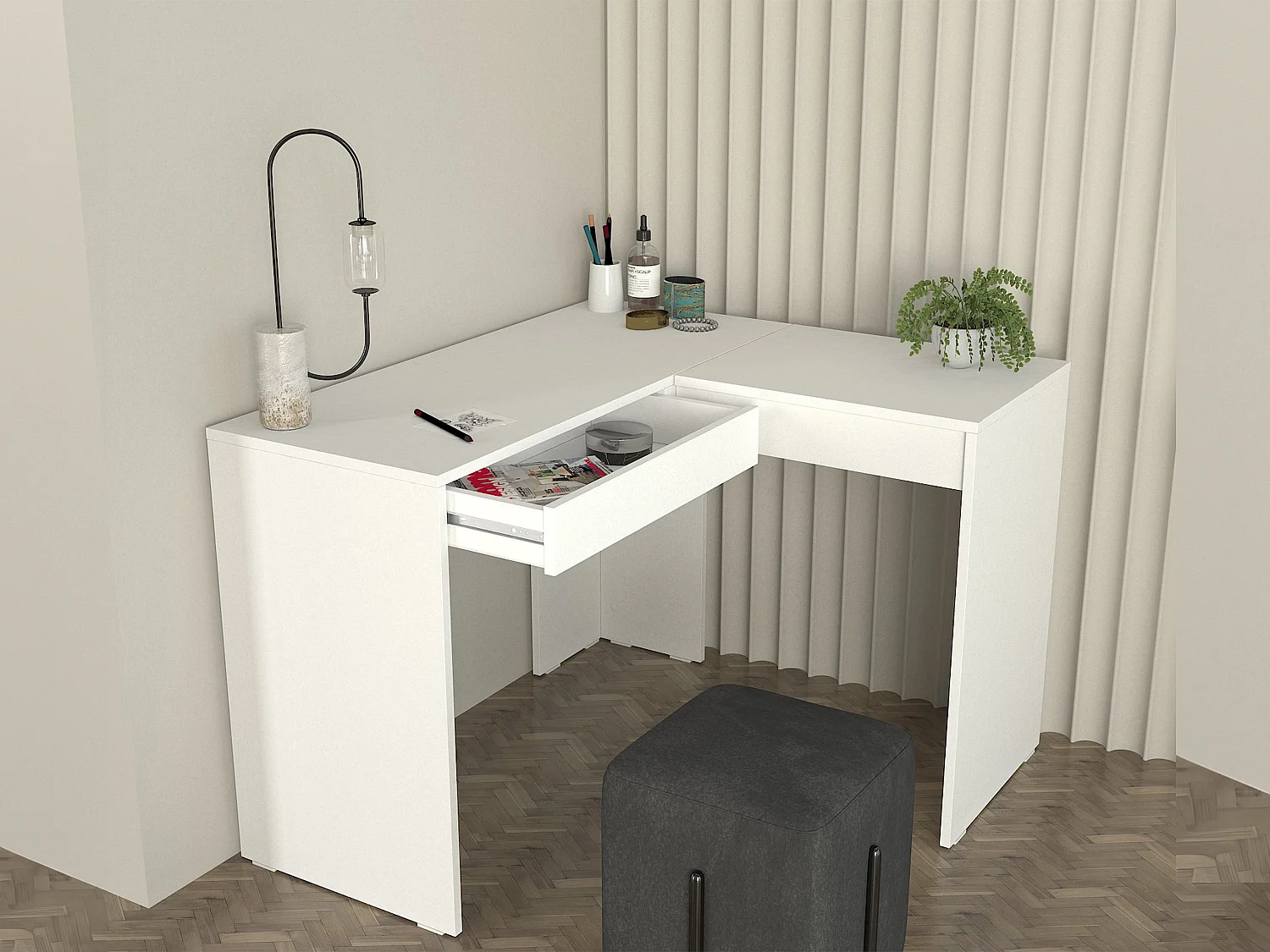 Coiffeuse d'angle avec miroir et rangements - Blanc - GIWEN