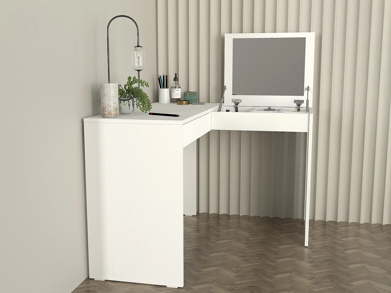 Coiffeuse d'angle avec miroir et rangements - Blanc - GIWEN