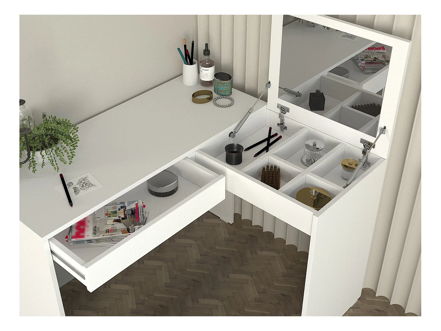 Tocador esquinero con espejo y almacenamiento - Blanco - GIWEN