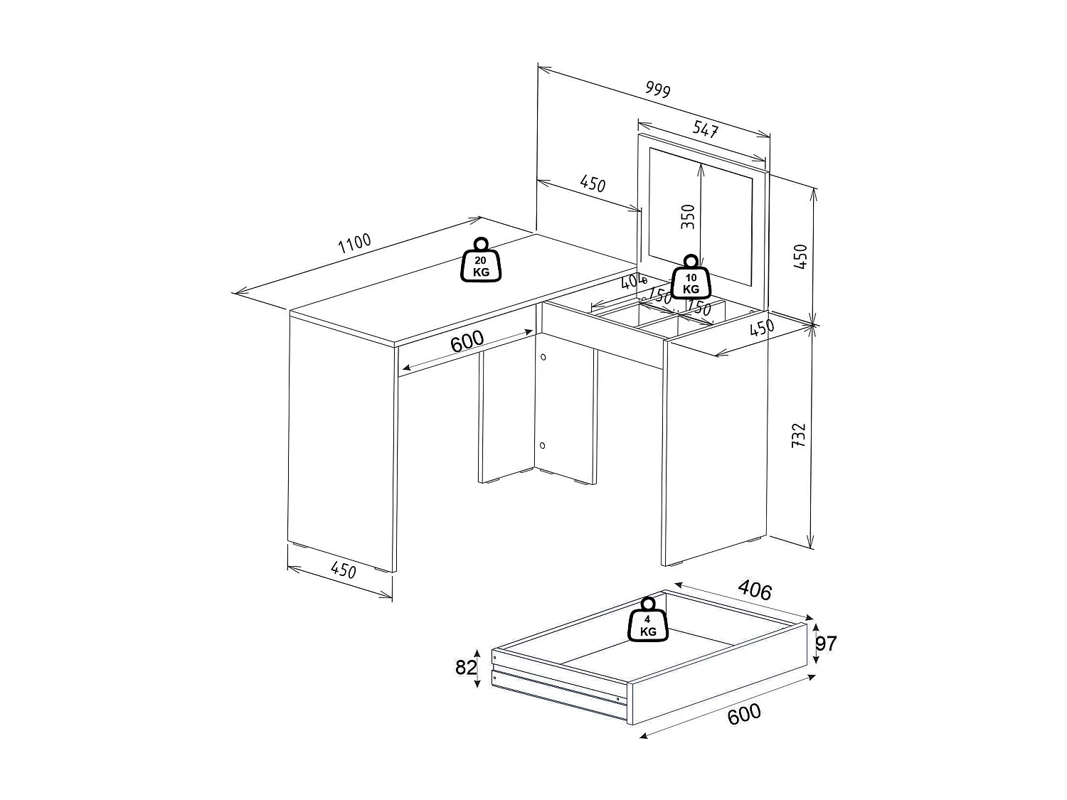Hoekkaptafel met spiegel en opbergruimte - Wit - GIWEN
