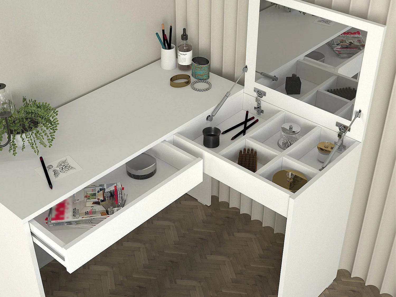 Hoekkaptafel met spiegel en opbergruimte - Wit - GIWEN