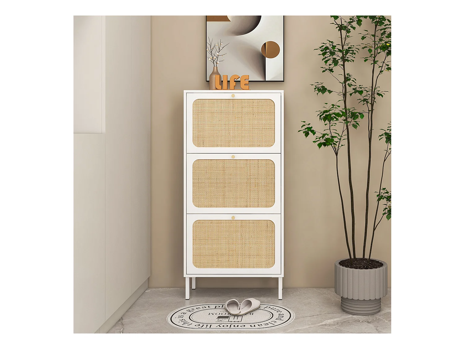 Meuble à chaussures avec 3 Porte en rotin métallique fabriqués avec des fers à repasser et MDF 60x23.5x104.5cm Blanc