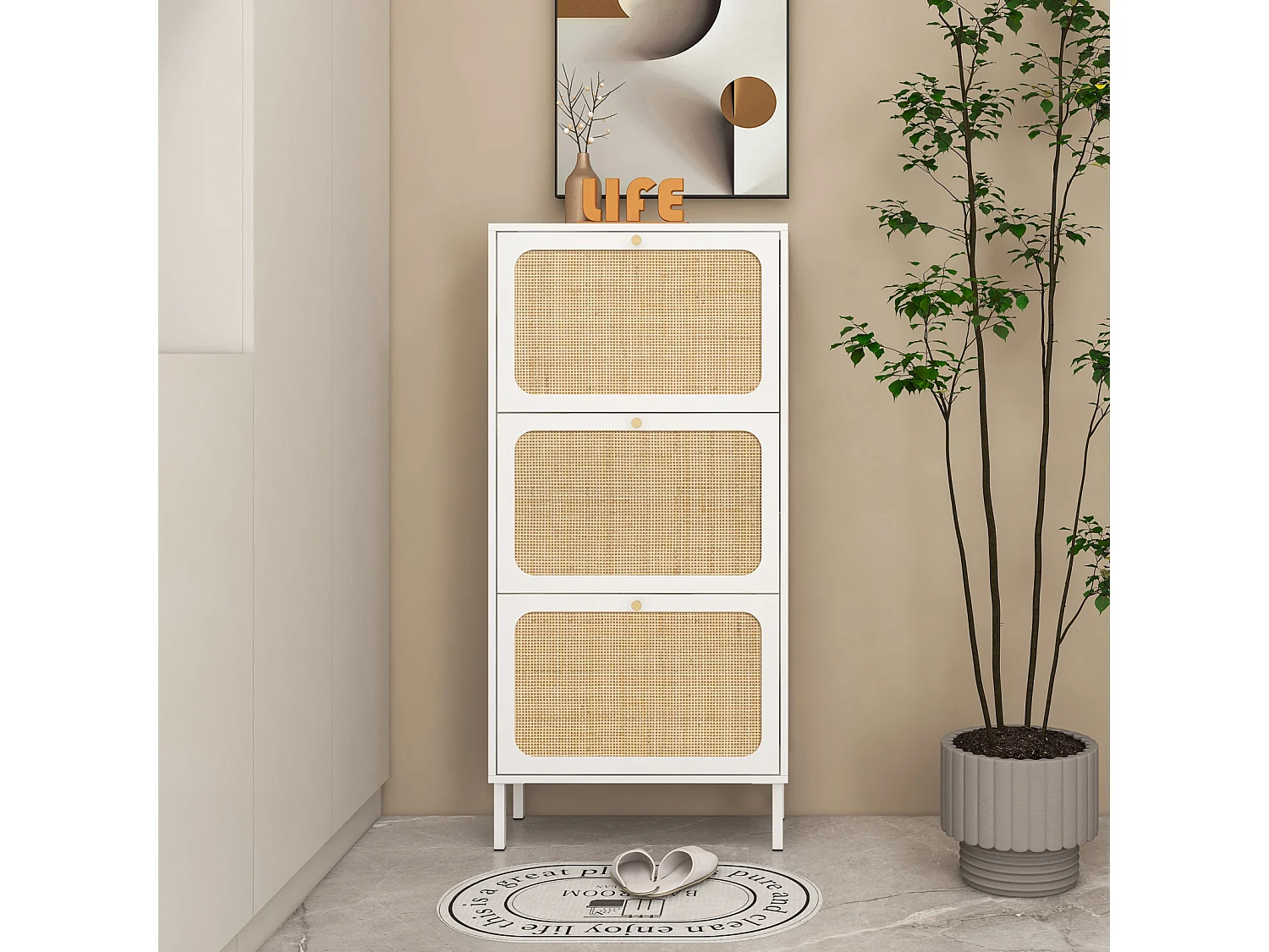 Meuble à chaussures avec 3 Porte en rotin métallique fabriqués avec des fers à repasser et MDF 60x23.5x104.5cm Blanc