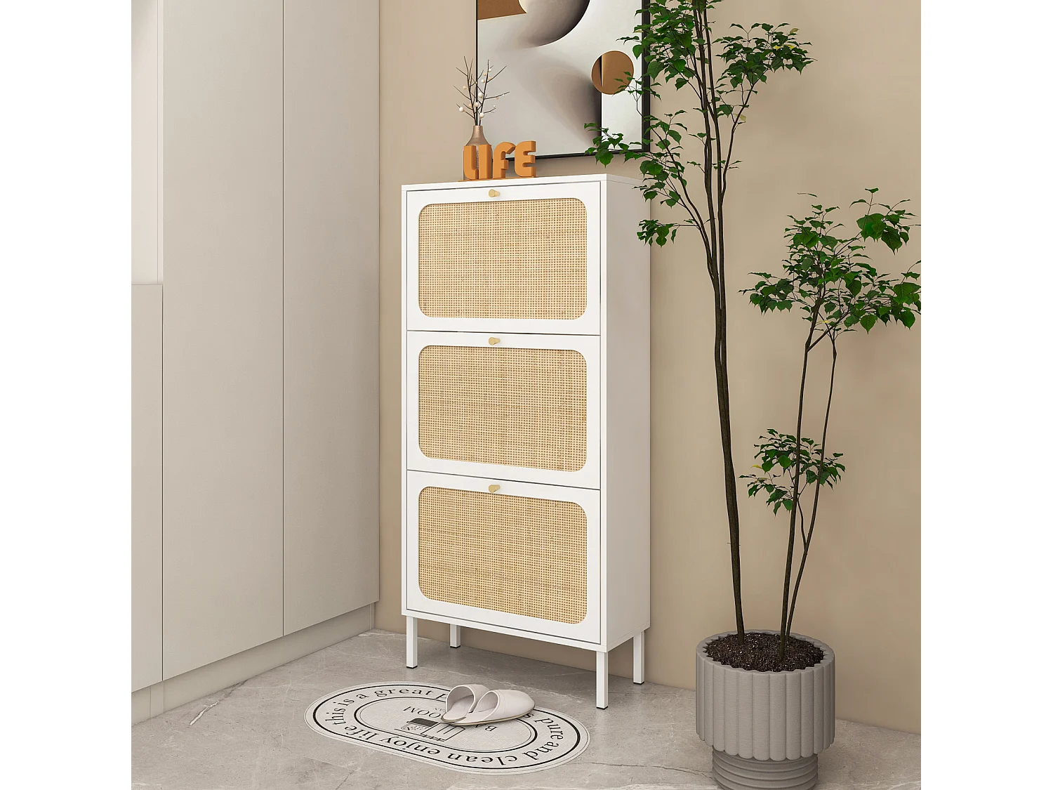 Meuble à chaussures avec 3 Porte en rotin métallique fabriqués avec des fers à repasser et MDF 60x23.5x104.5cm Blanc