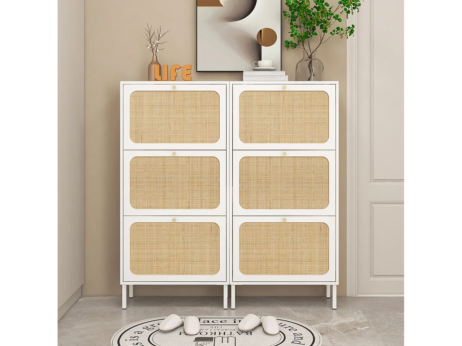 Meuble à chaussures avec 3 Porte en rotin métallique fabriqués avec des fers à repasser et MDF 60x23.5x104.5cm Blanc