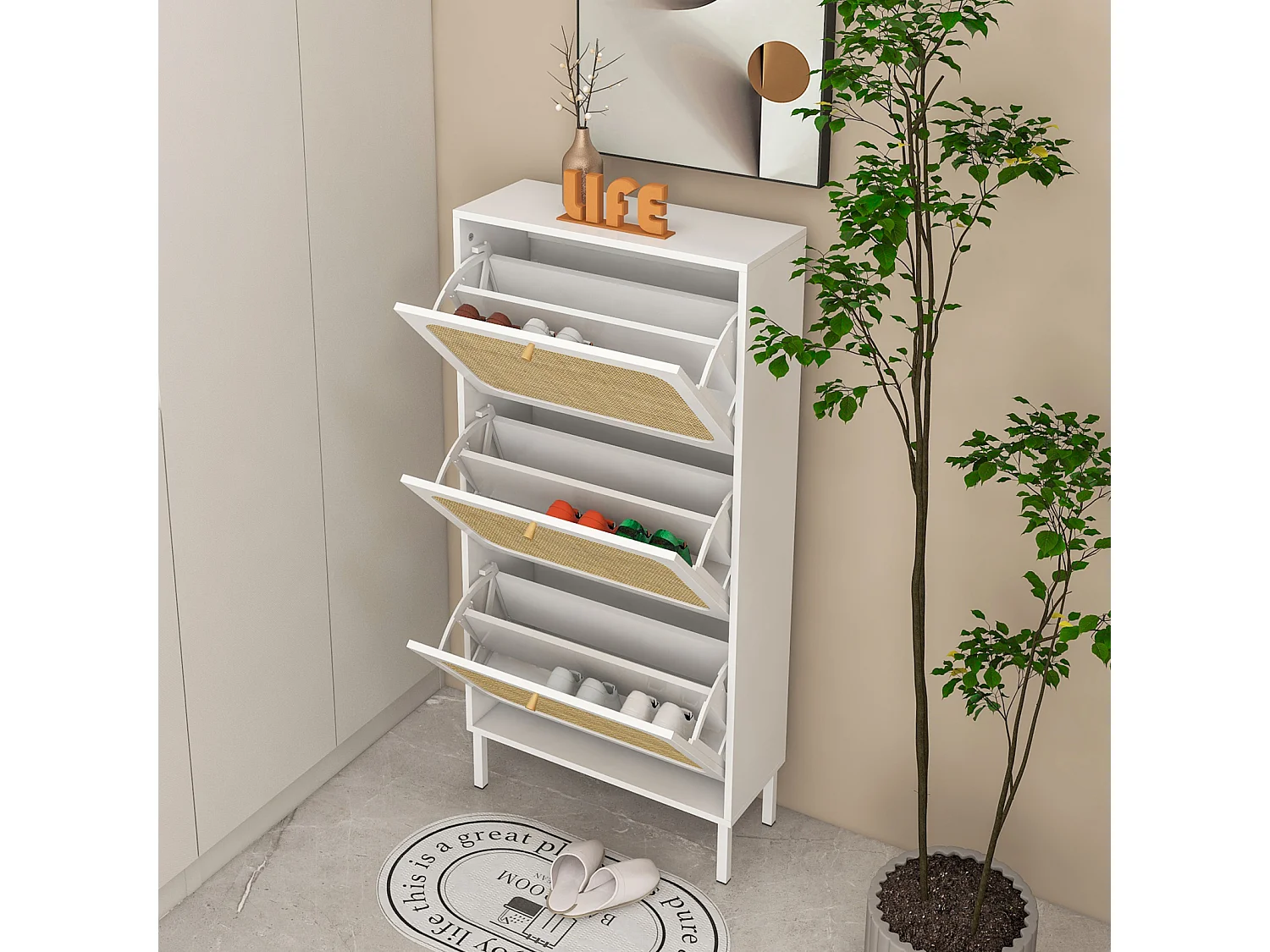 Meuble à chaussures avec 3 Porte en rotin métallique fabriqués avec des fers à repasser et MDF 60x23.5x104.5cm Blanc