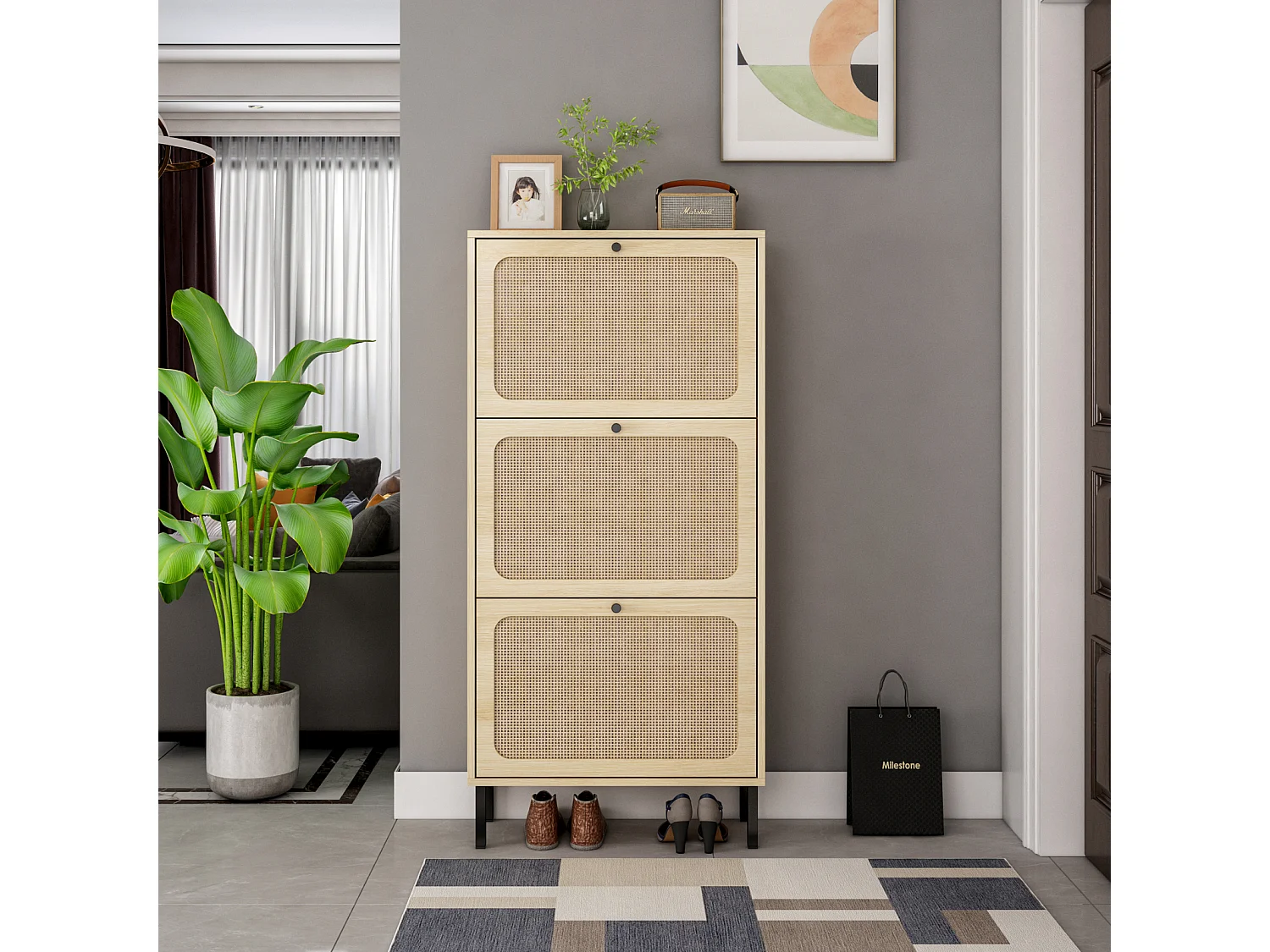 Meuble à chaussures avec 3 Porte en rotin métallique fabriqués avec des fers à repasser et MDF 60x23.5x104.5cm Naturel