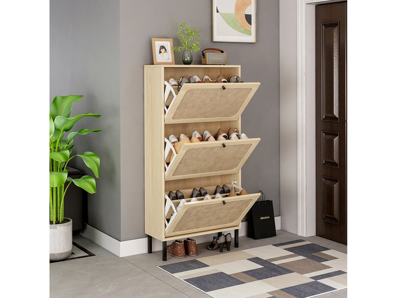 Meuble à chaussures avec 3 Porte en rotin métallique fabriqués avec des fers à repasser et MDF 60x23.5x104.5cm Naturel