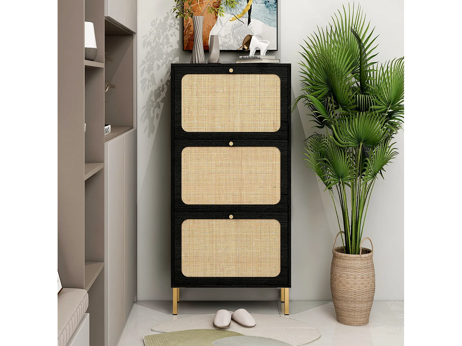 Meuble à chaussures avec 3 Porte en rotin métallique fabriqués avec des fers à repasser et MDF 60x23.5x104.5cm Noir
