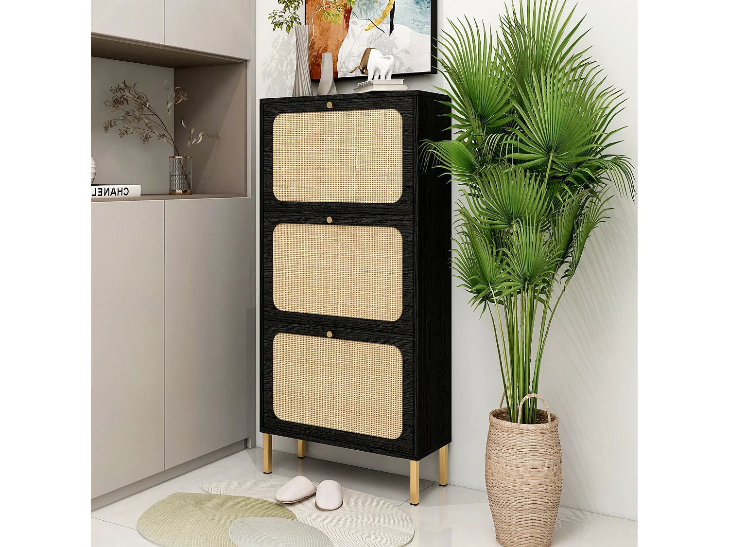 Meuble à chaussures avec 3 Porte en rotin métallique fabriqués avec des fers à repasser et MDF 60x23.5x104.5cm Noir
