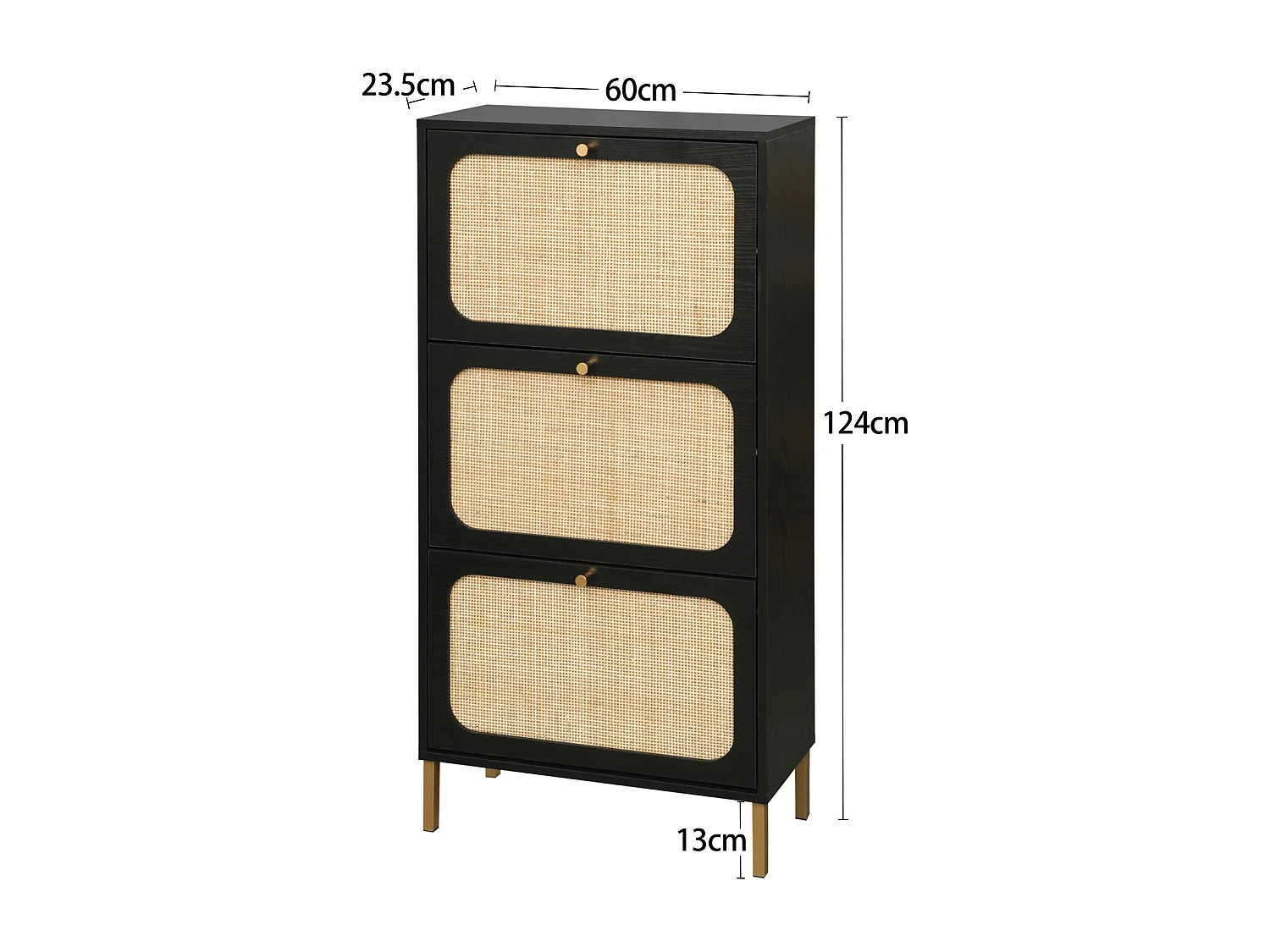 Meuble à chaussures avec 3 Porte en rotin métallique fabriqués avec des fers à repasser et MDF 60x23.5x104.5cm Noir