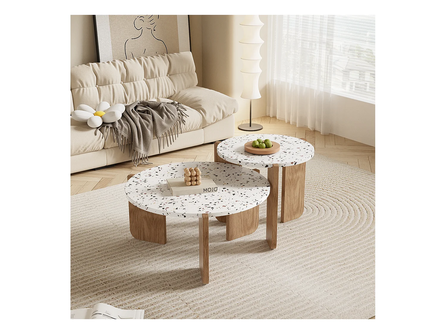 Lot de 2 table basse gigogne, composable moderne, pour salon, canapé, 70x70x35+50x50x45.5 (cm), Naturel