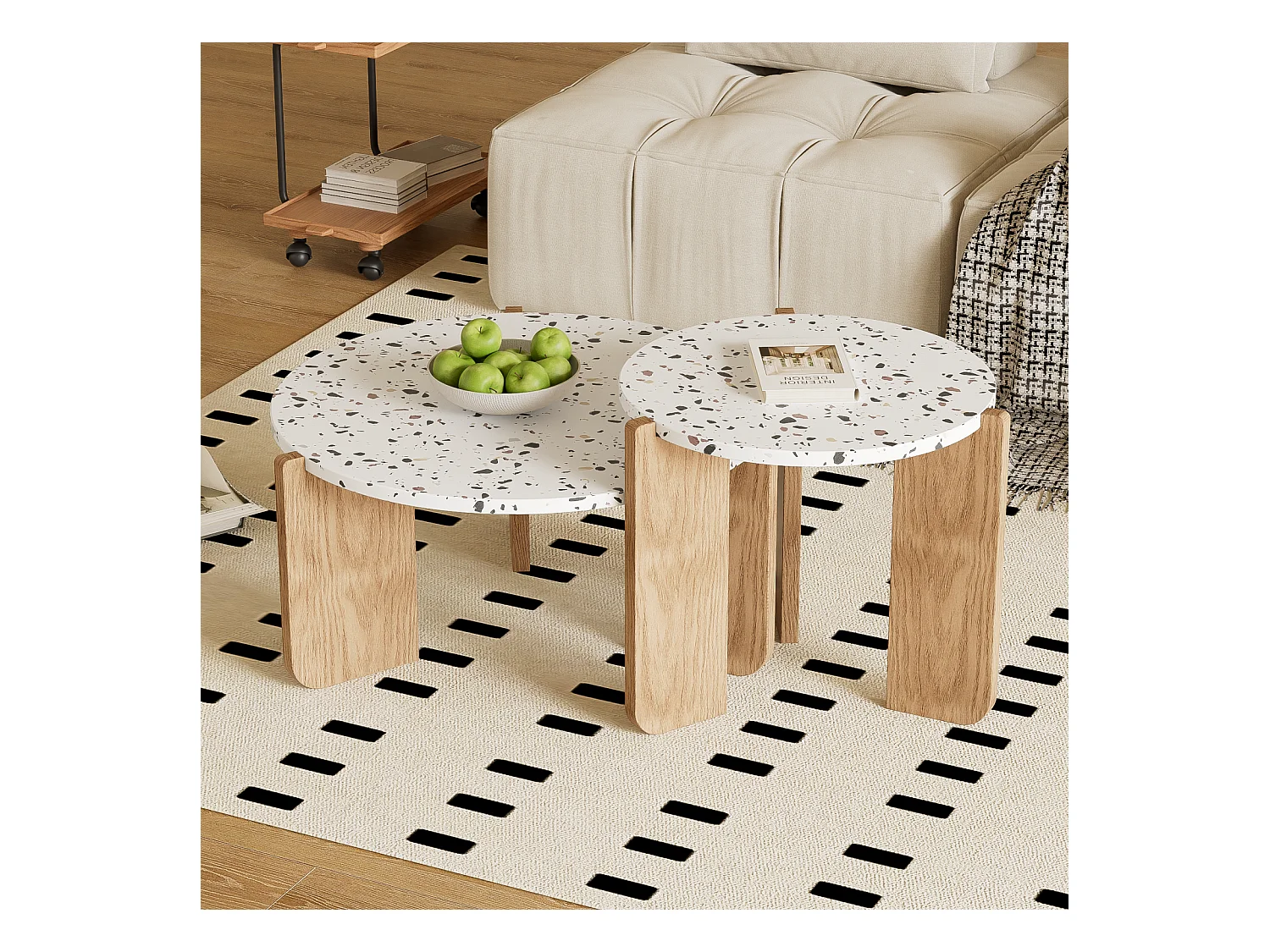 Set van 2 in elkaar passende salontafels, modern modulair, voor woonkamer, bank, 70x70x35+50x50x45,5 (cm), Naturel