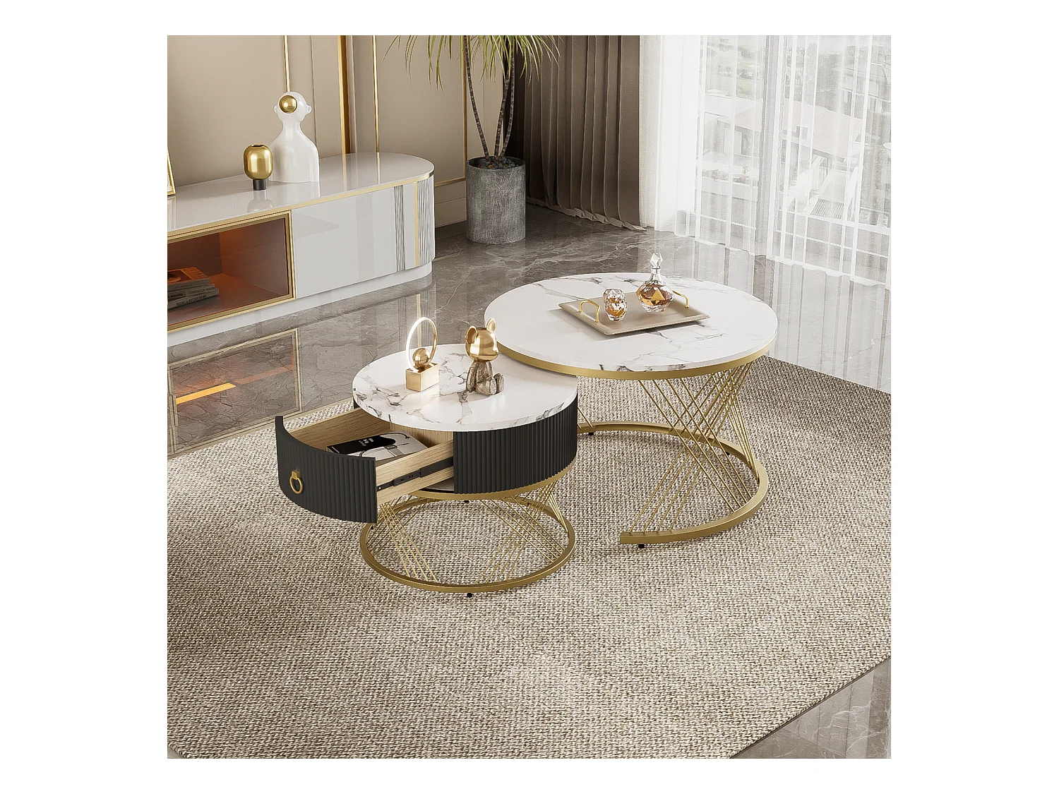 2er Set Couchtische, elegant stapelbar, Beistelltisch mit Dekor in Goldmarmor-Optik mit Schublade, 70x70x45cm+50x50x40cm, weiß