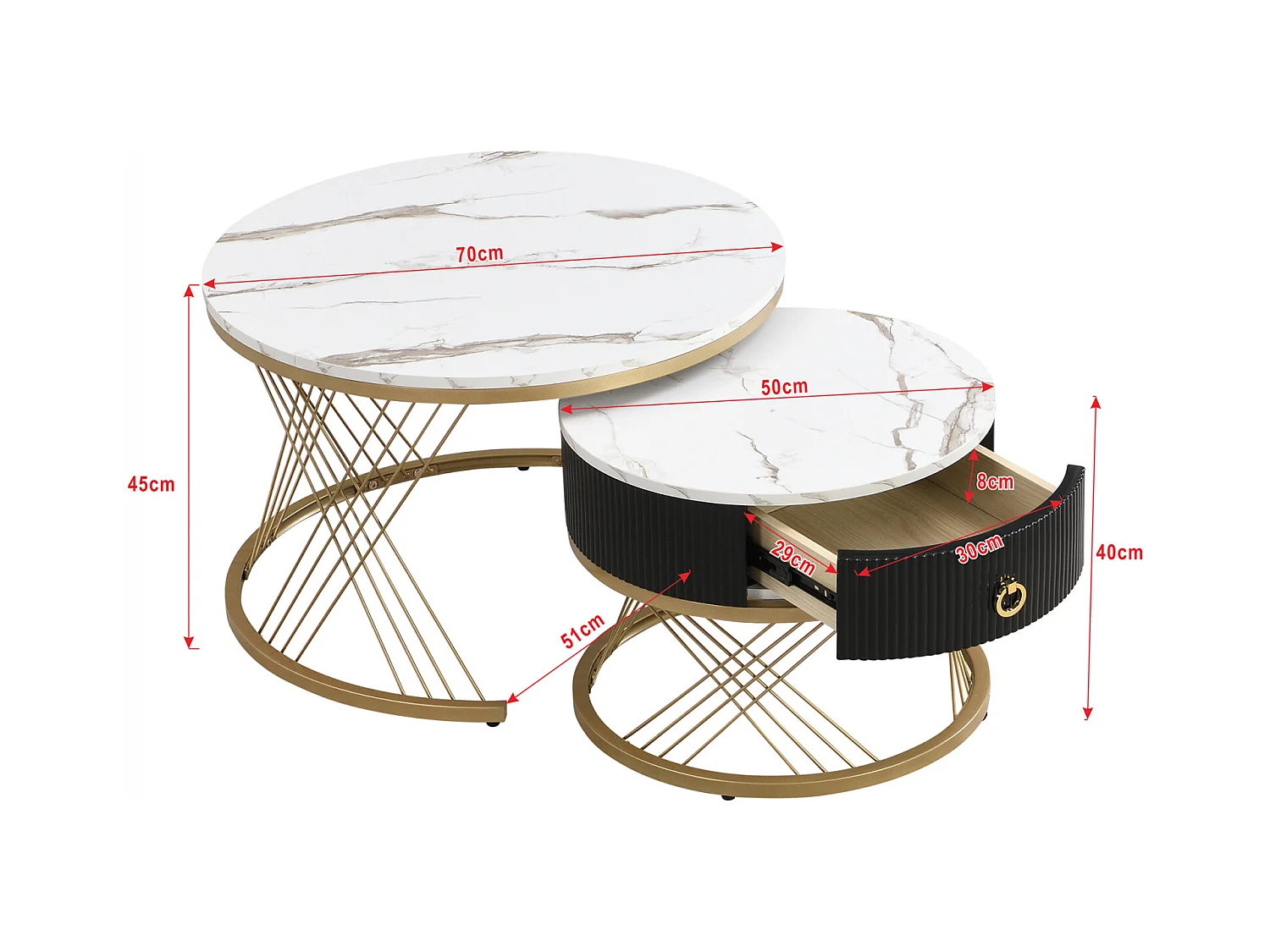 2er Set Couchtische, elegant stapelbar, Beistelltisch mit Dekor in Goldmarmor-Optik mit Schublade, 70x70x45cm+50x50x40cm, weiß