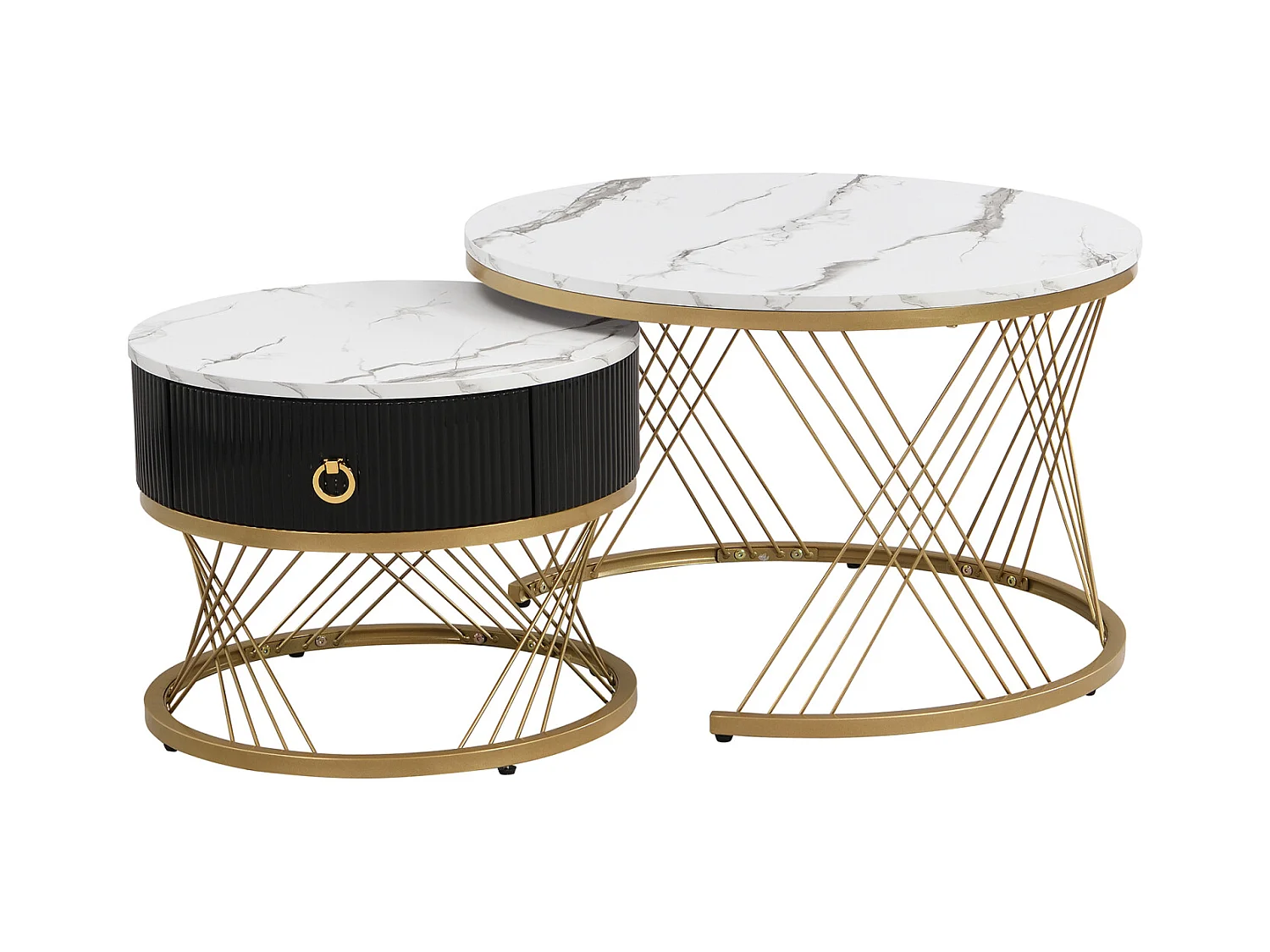 2er Set Couchtische, elegant stapelbar, Beistelltisch mit Dekor in Goldmarmor-Optik mit Schublade, 70x70x45cm+50x50x40cm, weiß