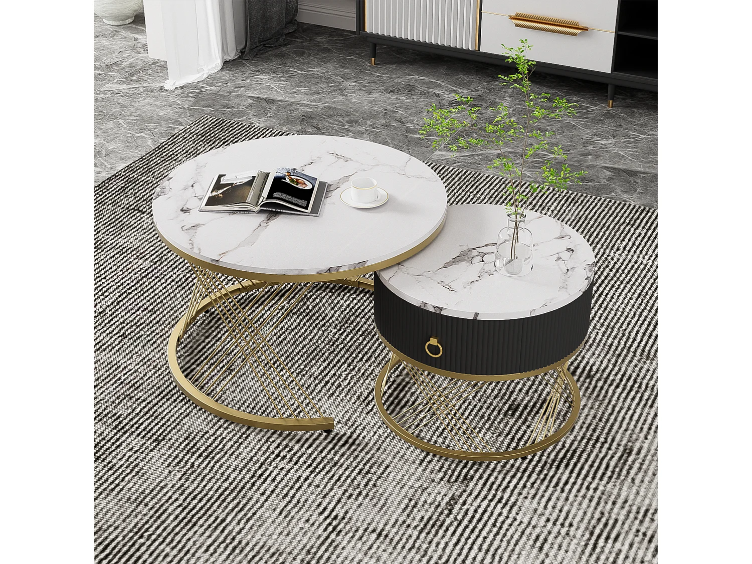 2er Set Couchtische, elegant stapelbar, Beistelltisch mit Dekor in Goldmarmor-Optik mit Schublade, 70x70x45cm+50x50x40cm, weiß