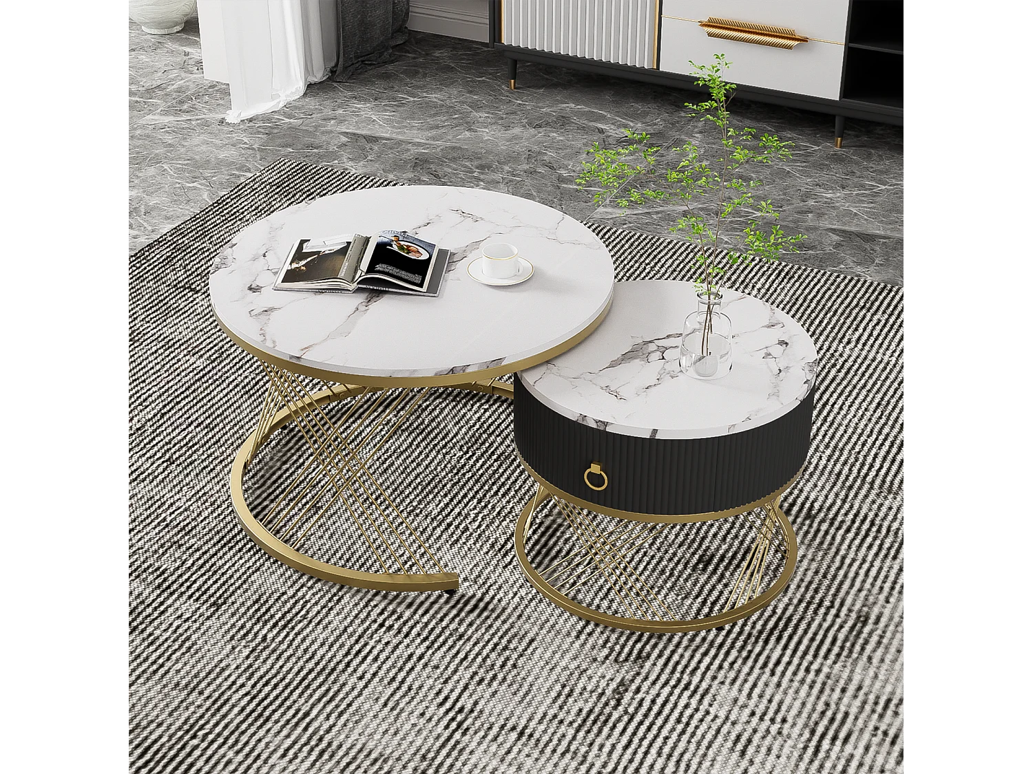 Lot de 2 table basse gigogne, empilable élégante, table d'appoint à décor doré effet marbre avec tiroir, 70x70x45cm+50x50x40cm, blanc