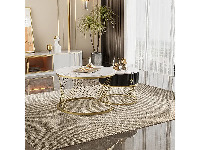2er Set Couchtische, elegant stapelbar, Beistelltisch mit Dekor in Goldmarmor-Optik mit Schublade, 70x70x45cm+50x50x40cm, weiß