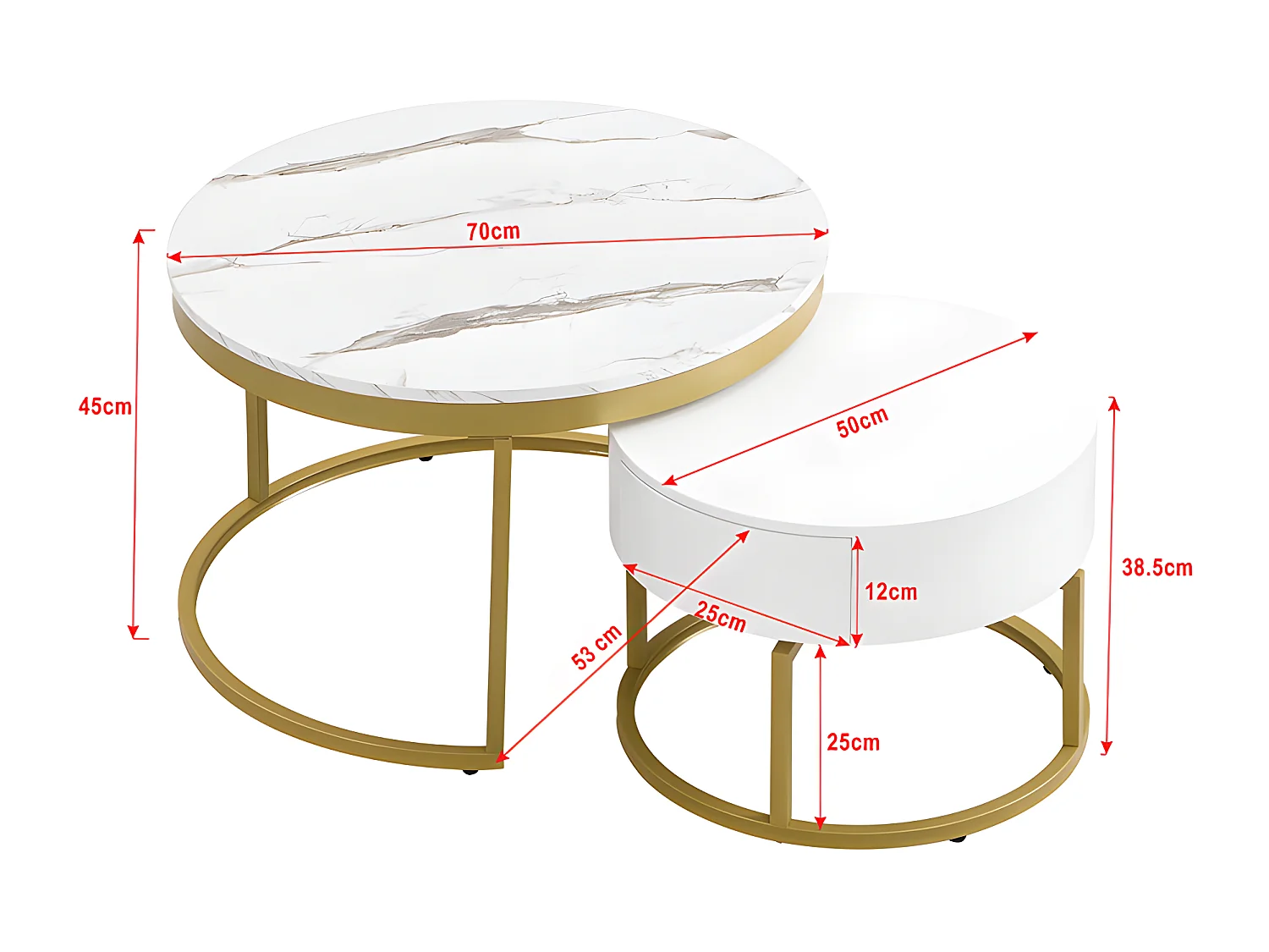 Tavolino Rotondo Bianco con Contenitore, tavolino da caffè impilabile in Finto Marmo Set di 2, tavolino Rotondo con Accenti con cassetti girevoli per Soggiorno, Ufficio, Balcone,B