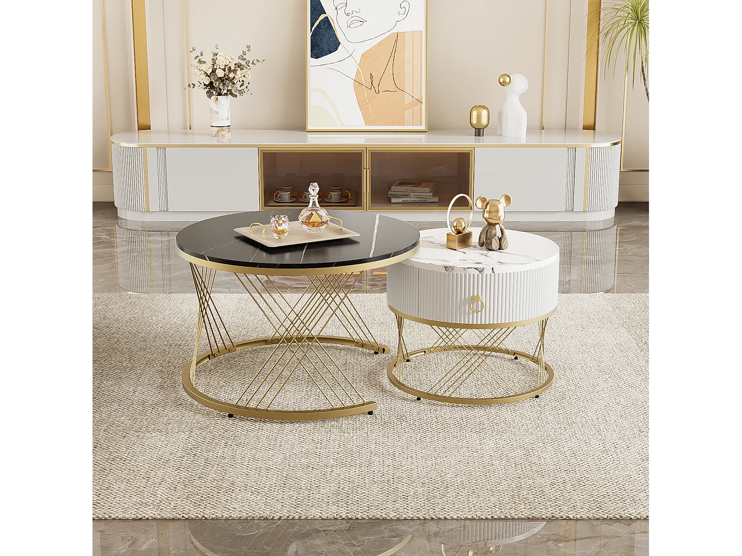 Conjunto de 2 mesas de centro encaixáveis, elegantes e empilháveis, mesa de apoio com decoração efeito mármore dourado com gaveta, 70x70x45cm+50x50x40cm, preta
