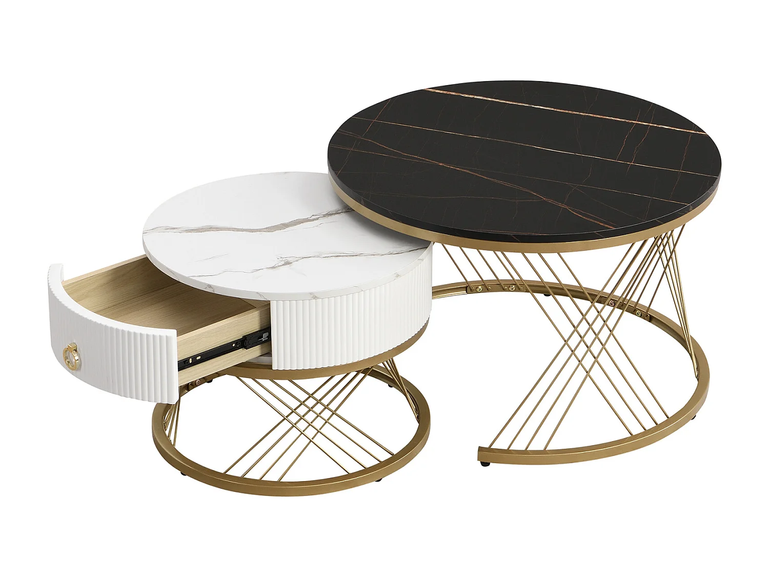 Conjunto de 2 mesas de centro encaixáveis, elegantes e empilháveis, mesa de apoio com decoração efeito mármore dourado com gaveta, 70x70x45cm+50x50x40cm, preta