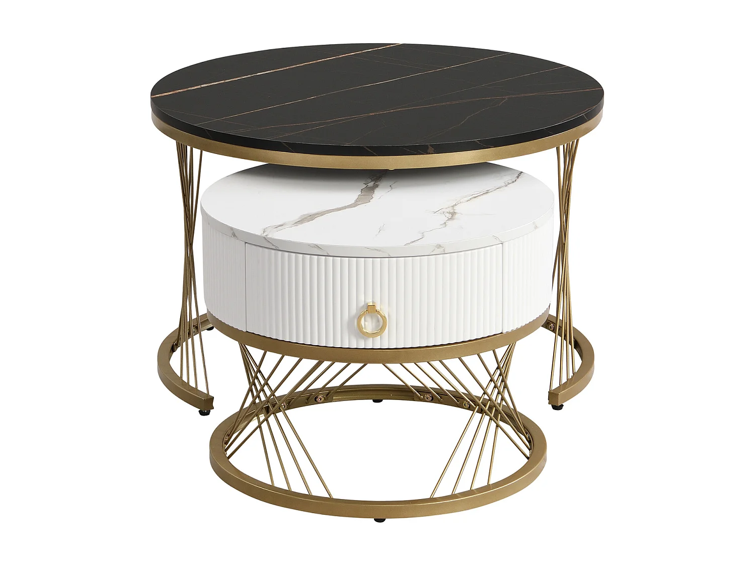 Conjunto de 2 mesas de centro encaixáveis, elegantes e empilháveis, mesa de apoio com decoração efeito mármore dourado com gaveta, 70x70x45cm+50x50x40cm, preta