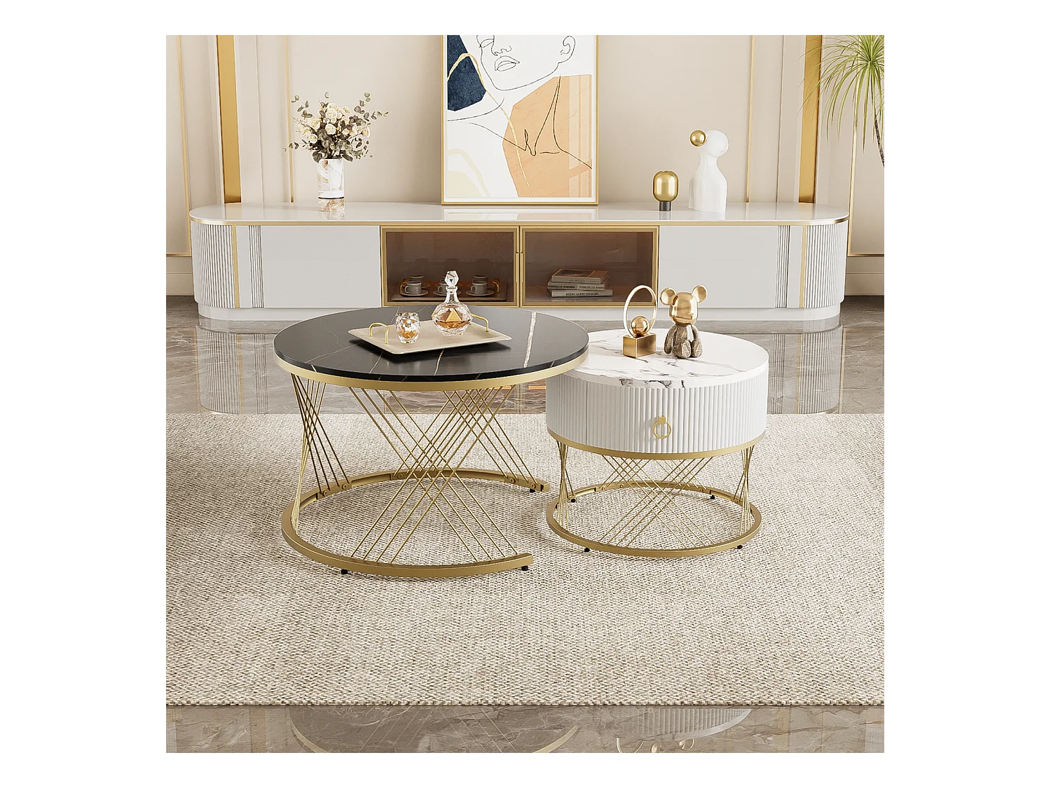 Set van 2 in elkaar passende salontafels, elegant stapelbaar, bijzettafel met goudkleurig marmereffect decor met lade, 70x70x45cm+50x50x40cm, zwart